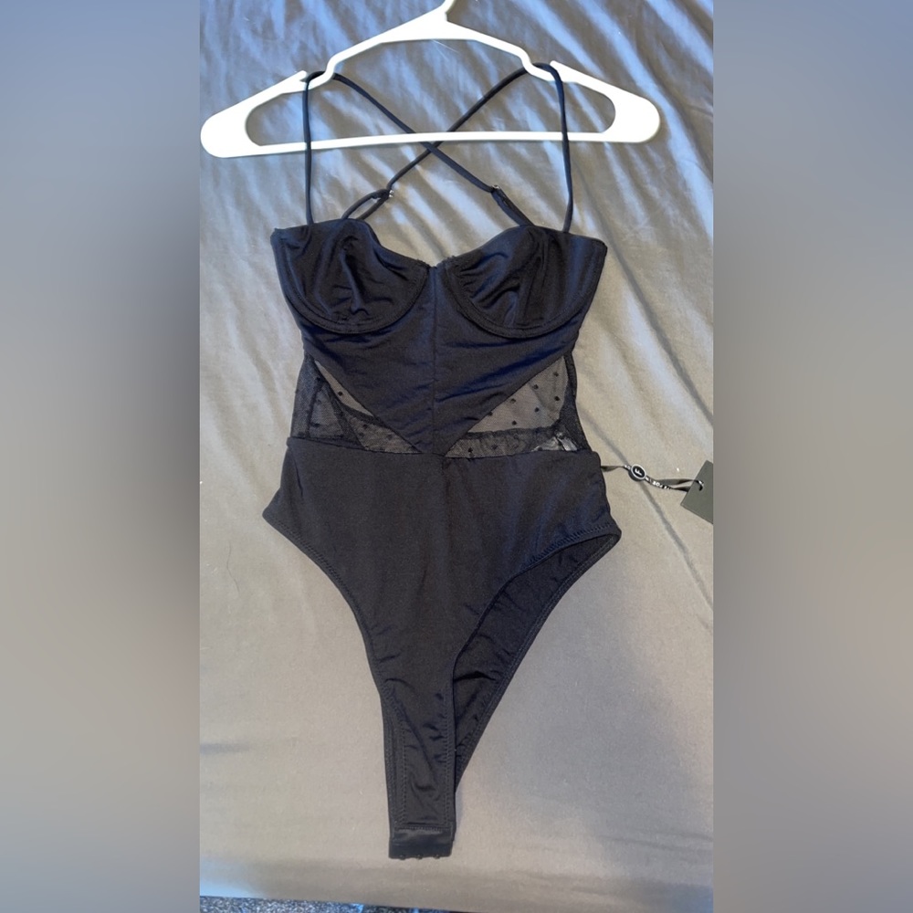 White Fox boutique once piece mesh polka dot swimsuit